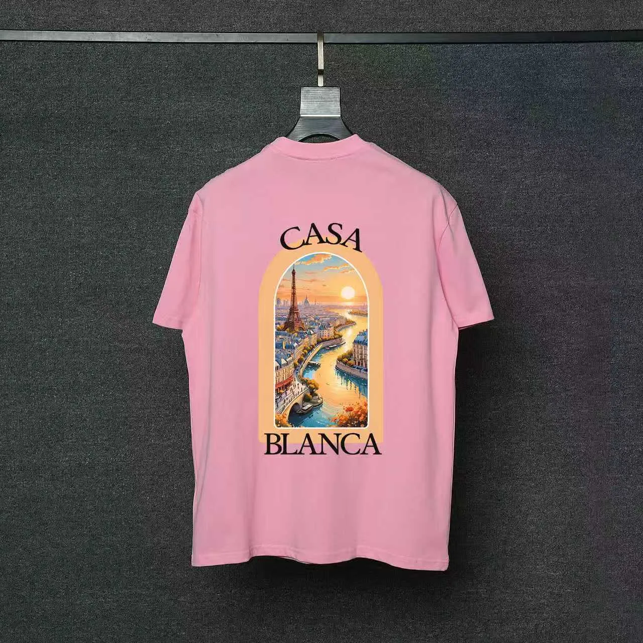 26ss CASABLANCA original printing process short-sleeved T-shirt original development using high-density double yarn pure cotton fabric upper body soft and comfortable color Black White Dark Green color Orange Pink Blue Royal Blue color cigarette powder 8 colors Sizes S M L XL